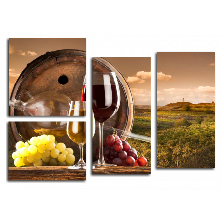 Модульная картина Бокалы, вино, виноградное поле